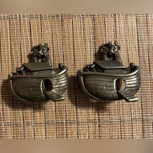 Vintage AJC Pewter Noahs Ark Clip On Earrings Signed American Jewelry Co